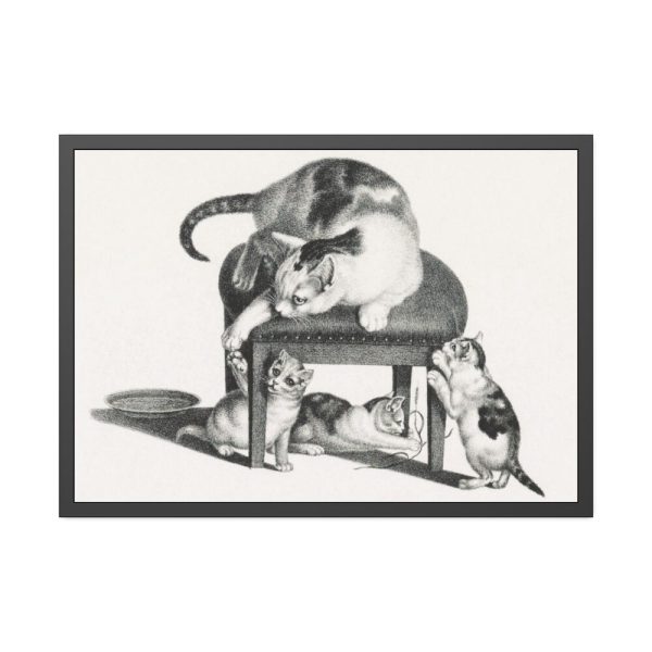 Domestic Cat on a Stool and Three Kittens by Gottfried Mind Framed Poster