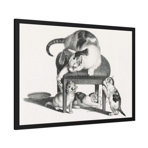 Domestic Cat on a Stool and Three Kittens by Gottfried Mind Framed Poster