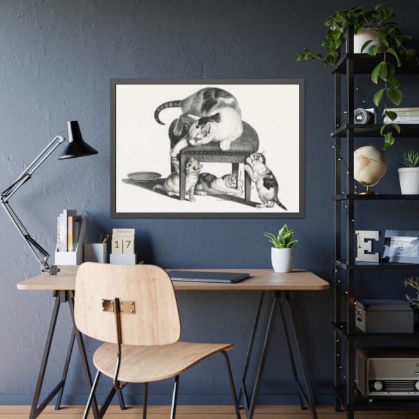 Domestic Cat on a Stool and Three Kittens by Gottfried Mind Framed Poster