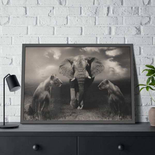 93855-259.jpg Big Elephant with Two Lion Framed Poster