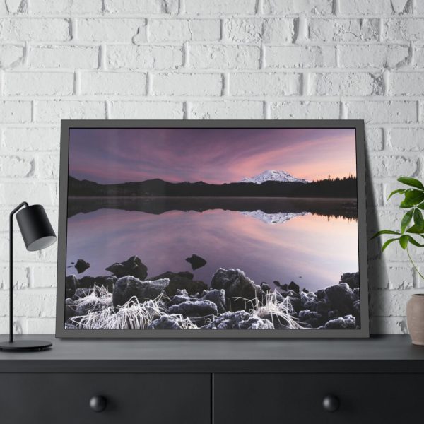 Snowy Mountains Over Lake Framed Poster