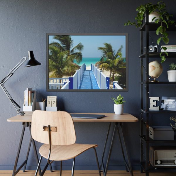 93855-857.jpg Sunny Beach With Palm Tree and Blue Sky Framed Poster