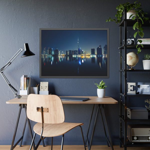93855-74.jpg Dubai Skyline During Night Time Framed Poster