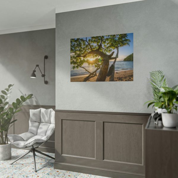 101875-611.jpg Sneaker Hanging from a Sand Beach Tree at Sunset Poster