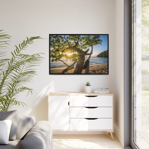 88289-588.jpg Sneaker Hanging from a Sand Beach Tree at Sunset Framed Canvas