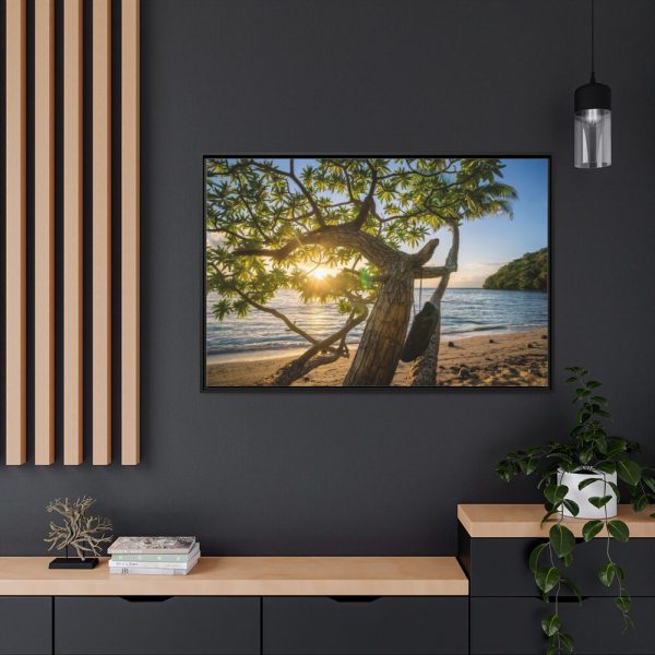 88289-589.jpg Sneaker Hanging from a Sand Beach Tree at Sunset Framed Canvas
