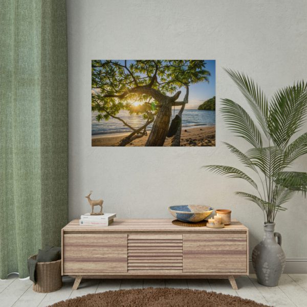 92408-610.jpg Sneaker Hanging from a Sand Beach Tree at Sunset Poster