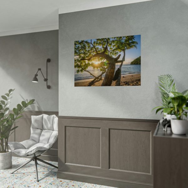 92408-611.jpg Sneaker Hanging from a Sand Beach Tree at Sunset Poster