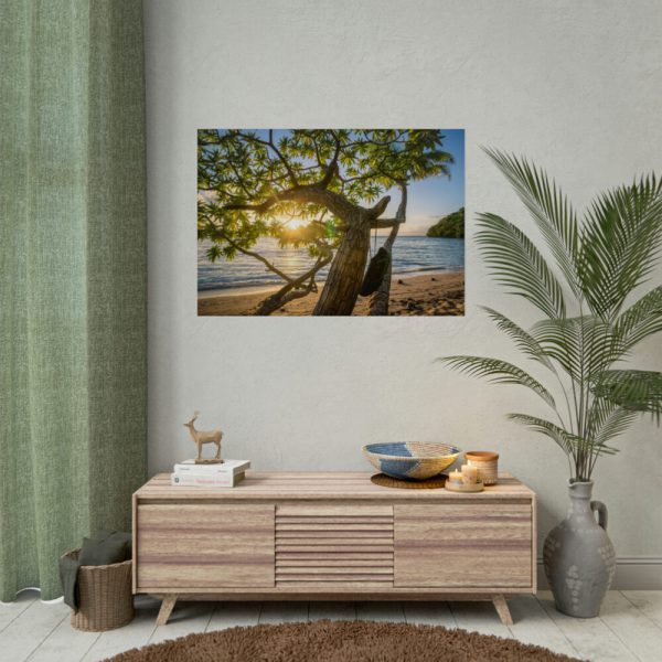 92409-610.jpg Sneaker Hanging from a Sand Beach Tree at Sunset Poster
