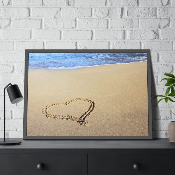 93854-595.jpg Heart Drawn on Sand at Beach Framed Poster