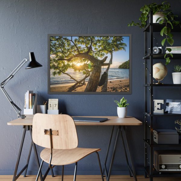 93855-542.jpg Sneaker Hanging from a Sand Beach Tree at Sunset Framed Poster