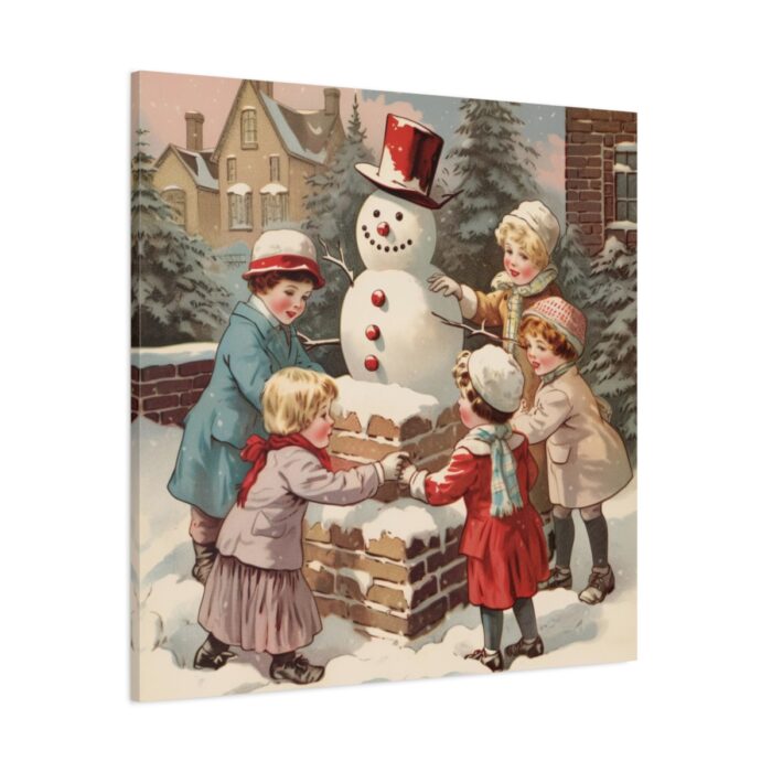 Children Building a Snowman in Their Front Yard Standard Canvas - Image 1