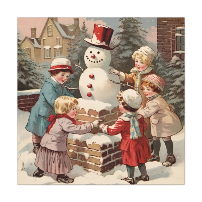 Children Building a Snowman in Their Front Yard Standard Canvas - Image 2