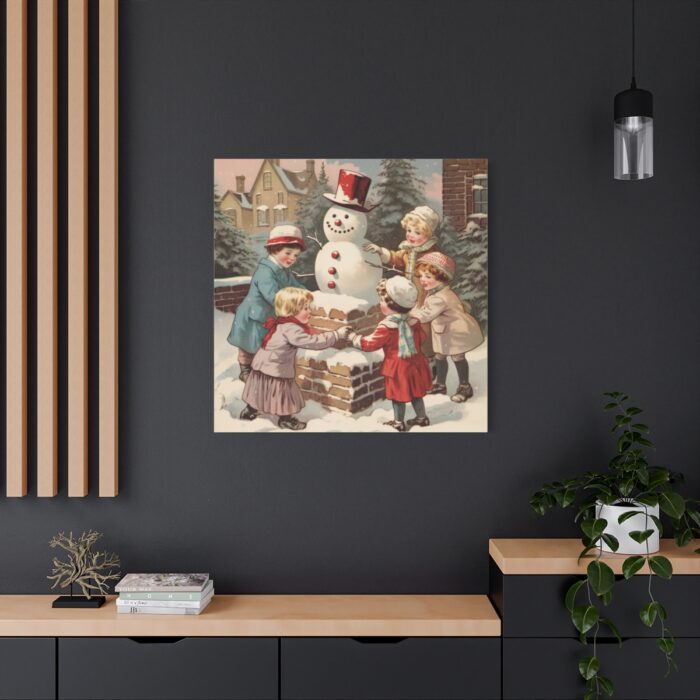 Children Building a Snowman in Their Front Yard Standard Canvas - Image 4