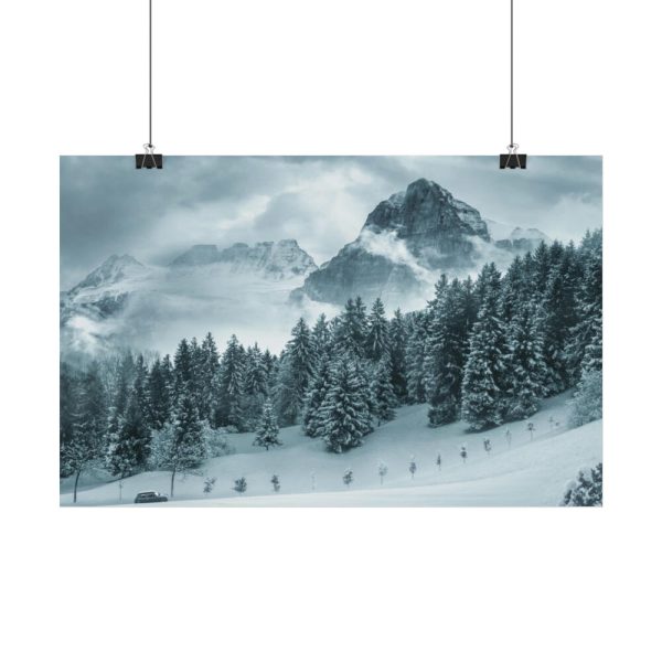 101825-16.jpg Car in Mountain Landscape With Snowy Trees Poster