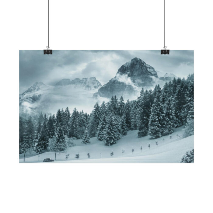 Car in Mountain Landscape With Snowy Trees Poster - Image 112