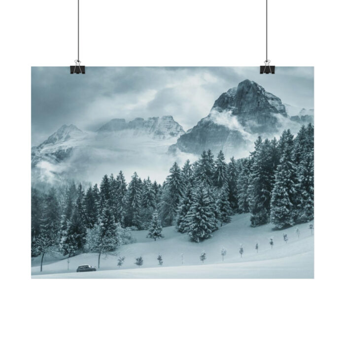 Car in Mountain Landscape With Snowy Trees Poster - Image 122