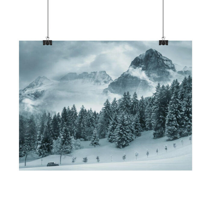 Car in Mountain Landscape With Snowy Trees Poster - Image 127
