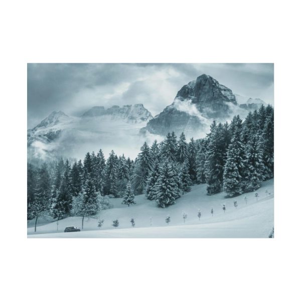 101837-15.jpg Car in Mountain Landscape With Snowy Trees Poster
