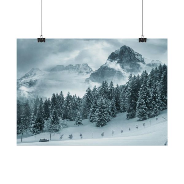 101838-16.jpg Car in Mountain Landscape With Snowy Trees Poster