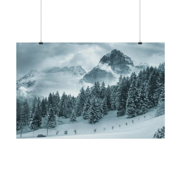 Car in Mountain Landscape With Snowy Trees Poster - Image 162
