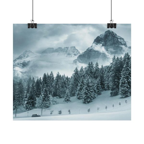 101853-16.jpg Car in Mountain Landscape With Snowy Trees Poster