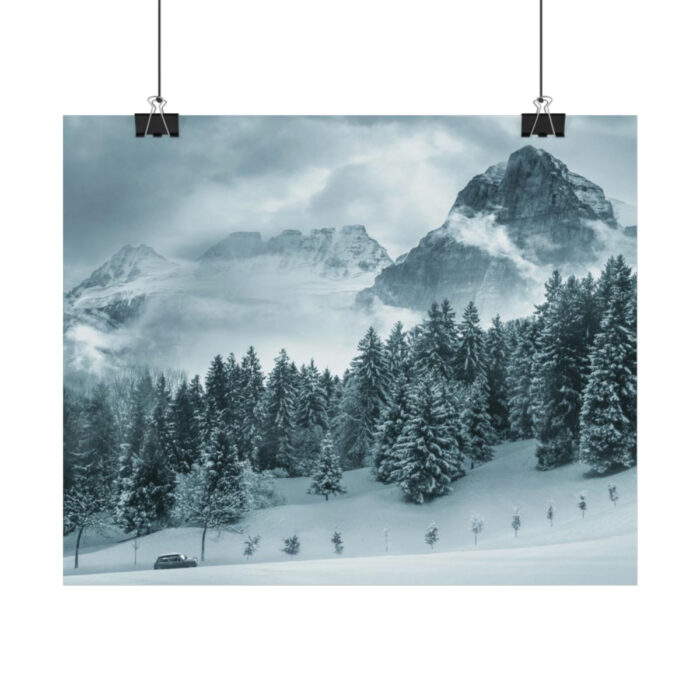 Car in Mountain Landscape With Snowy Trees Poster - Image 182