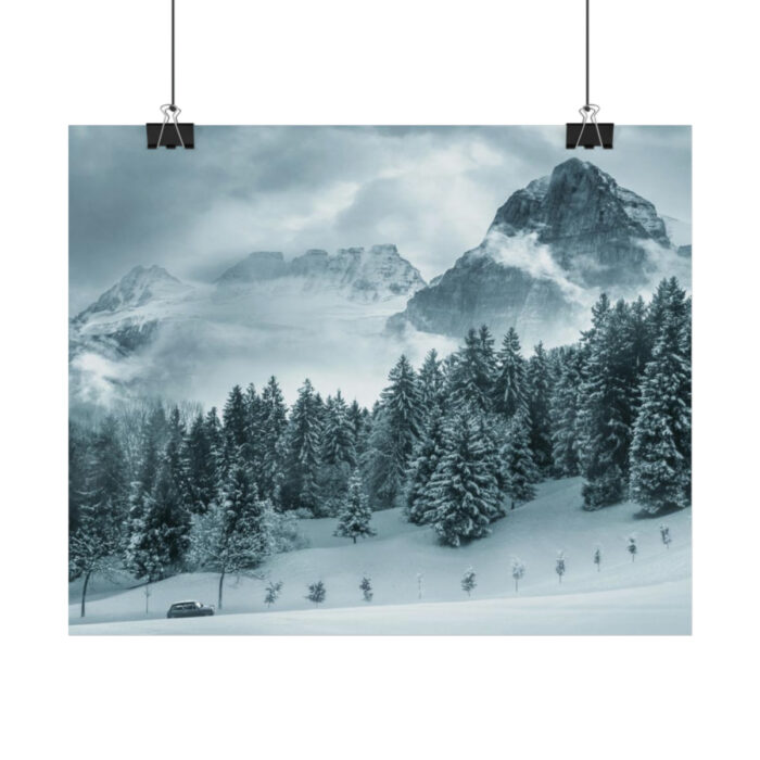 Car in Mountain Landscape With Snowy Trees Poster - Image 187