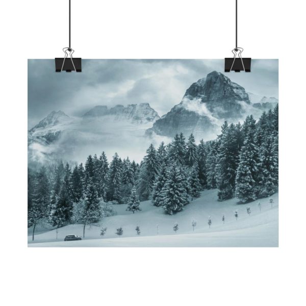 101858-16.jpg Car in Mountain Landscape With Snowy Trees Poster