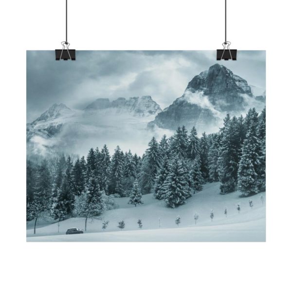 101859-16.jpg Car in Mountain Landscape With Snowy Trees Poster