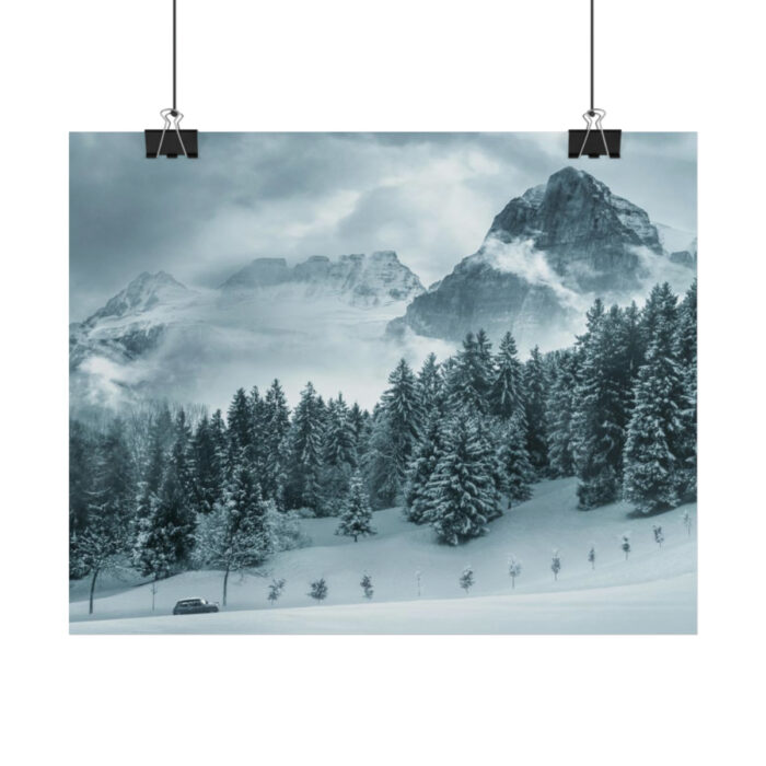 Car in Mountain Landscape With Snowy Trees Poster - Image 202