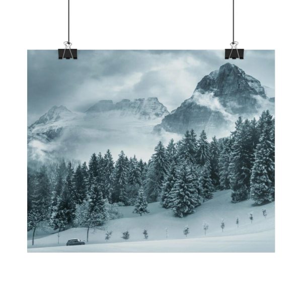 101860-16.jpg Car in Mountain Landscape With Snowy Trees Poster