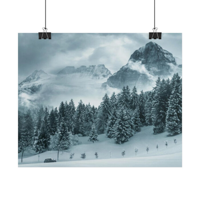 Car in Mountain Landscape With Snowy Trees Poster - Image 207