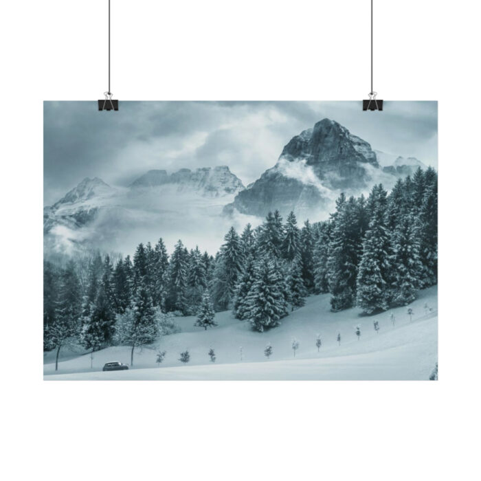 Car in Mountain Landscape With Snowy Trees Poster - Image 222