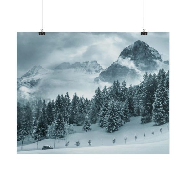 101866-16.jpg Car in Mountain Landscape With Snowy Trees Poster
