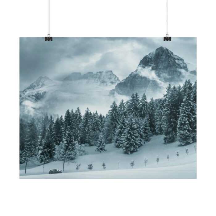 Car in Mountain Landscape With Snowy Trees Poster - Image 237