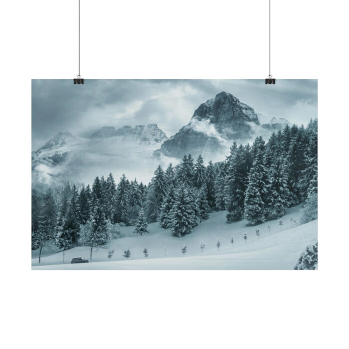 Car in Mountain Landscape With Snowy Trees Poster - Image 247