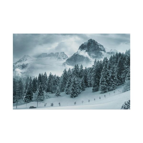 101873-15.jpg Car in Mountain Landscape With Snowy Trees Poster