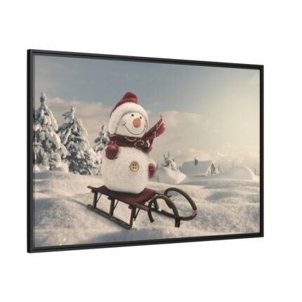 Snowman On Sledge Framed Canvas