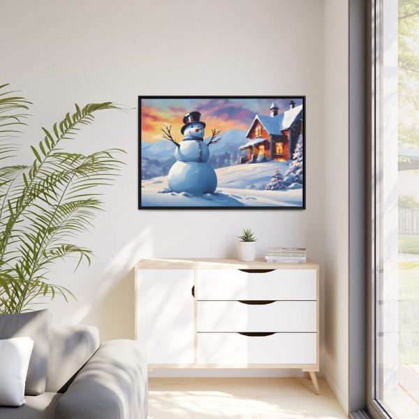 88289-433.jpg Snowman and Illuminated House Framed Canvas