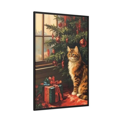 Cat By Christmas Tree Framed Canvas