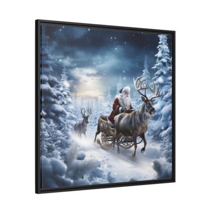 Santa And Reindeer In Snow Framed Canvas