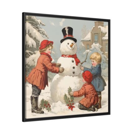Vintage Children Building A Snowman Framed Canvas