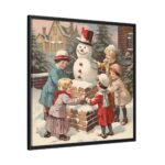Children Building a Snowman in Their Front Yard Framed Canvas