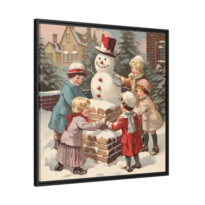 Children Building a Snowman in Their Front Yard Framed Canvas - Image 1