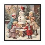 Children Building a Snowman in Their Front Yard Framed Canvas - Image 2