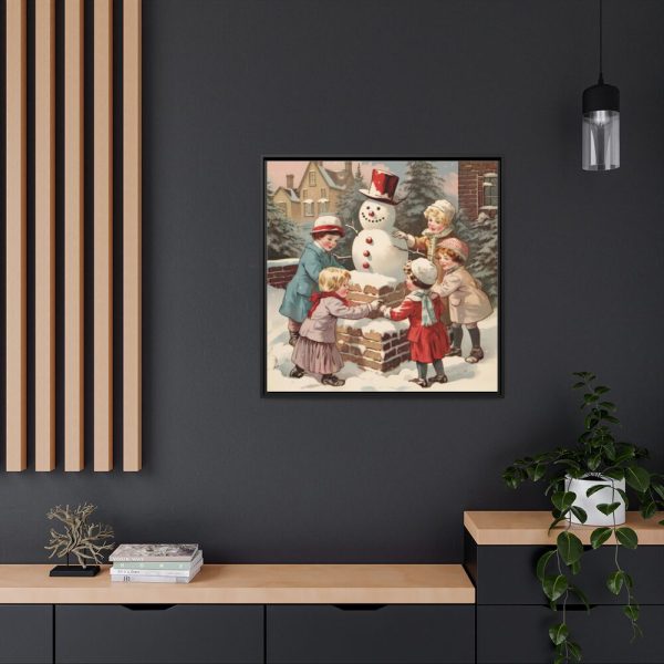 88302-414.jpg Children Building a Snowman in Their Front Yard Framed Canvas