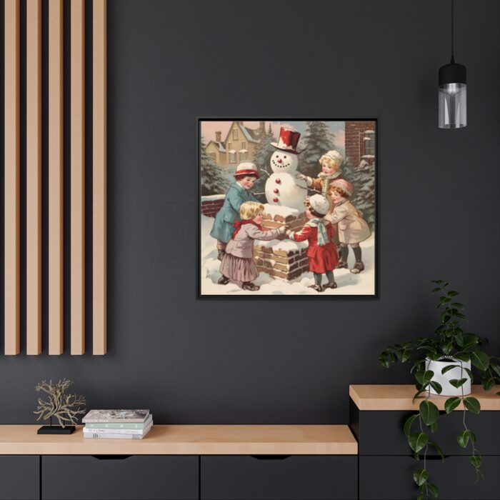 Children Building a Snowman in Their Front Yard Framed Canvas - Image 5