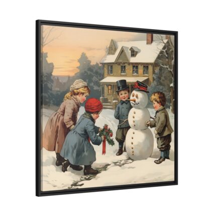 LIittle Children With Snowman Framed Canvas