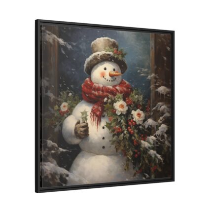 Snowman with Flowers Framed Canvas